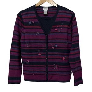 Koret Wool Blend Striped Floral Cardigan Sweater w Ribbons Womens Vintage Size M